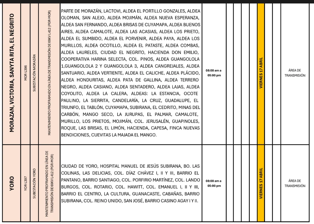 Foto de las Zonas de Yoro, Morazan, Victoria, Santa Rita y El Negrito que estarán sin energía este viernes 17 de abril, según la ENEE.