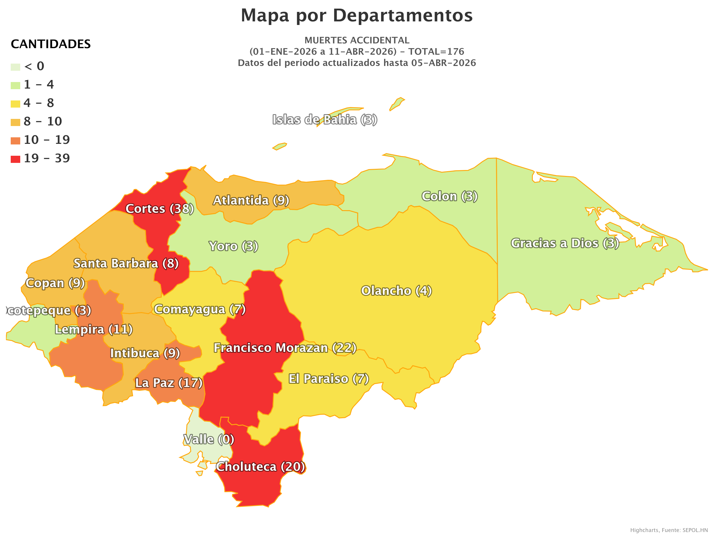 Mapa de muertes accidentales en Honduras