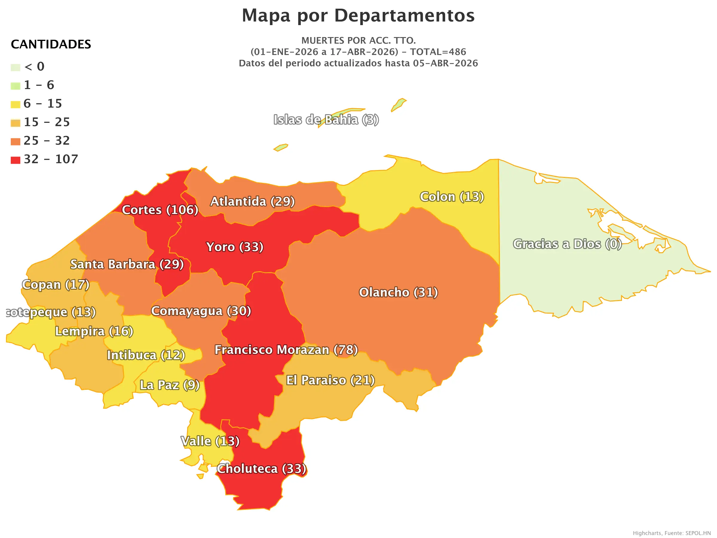 Mapa de muertes en accidentes de tránsito en Honduras. 
