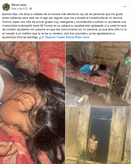 Foto del posteo de la maestra de la niña por la que claman ayuda tras sufrir accidente en Copán