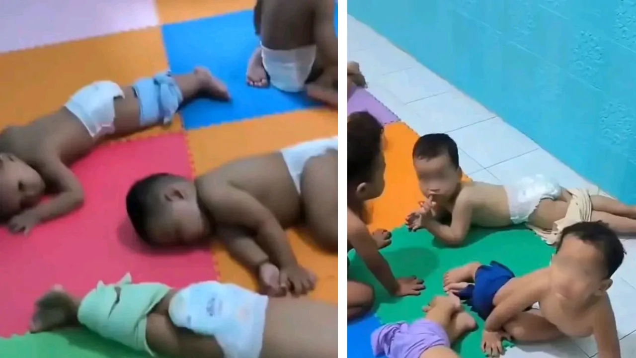 Niños en pañal atados los pies con pedazos de tela en guardería
