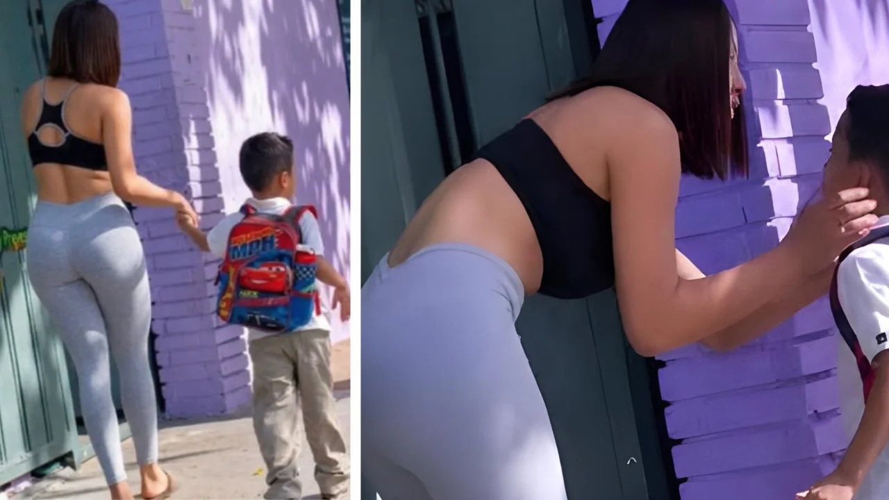 Madre de familia captada ingresando a un centro educativo, imagen que ha generado debate sobre la vestimenta de los padres en escuelas. 