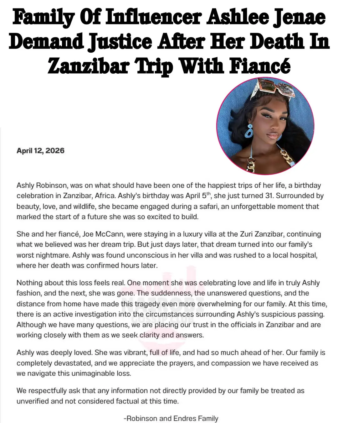 Nota de duelo de la familia de la influencer Ashlee Jenae