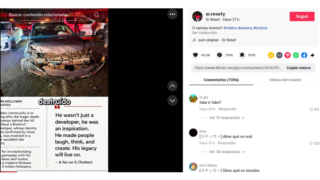 Sammy Roblox murió en accidente