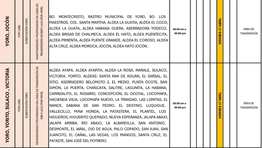Foto de las zonas Zonas de Yoro, Yorito, Sulaco, Victoria, Yoro, Jocón que estarán sin energía este viernes 17 de abril, según la ENEE.
