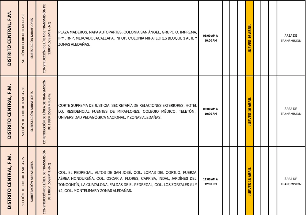 Foto de las Zonas del Distrito Central que estarán sin energía este jueves 16 de abril, según la ENEE.