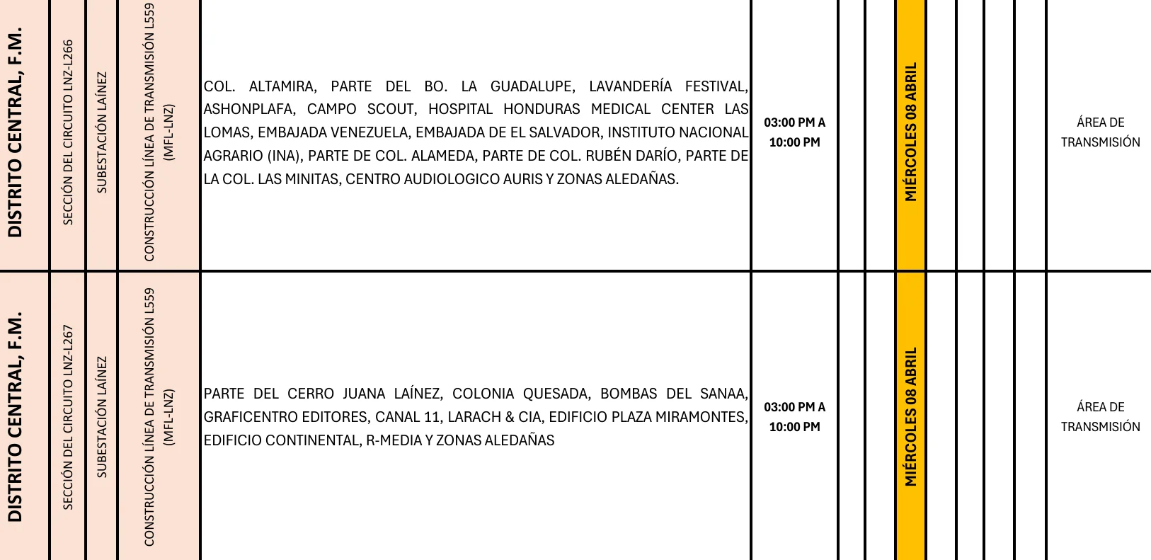 Foto de las Zonas del Distrito Central que estarán sin energía eléctrica este miércoles 8 de abril, según la ENEE.