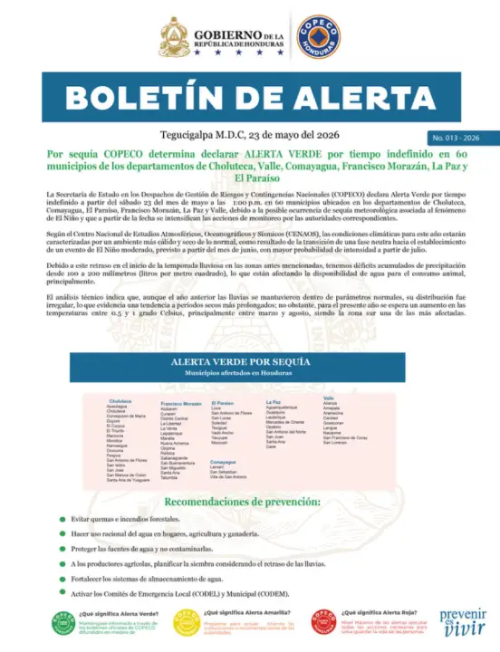 Copeco alerta verde