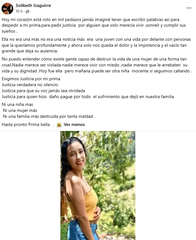 Mensaje de la prima de la joven encontrada sin vida este lunes