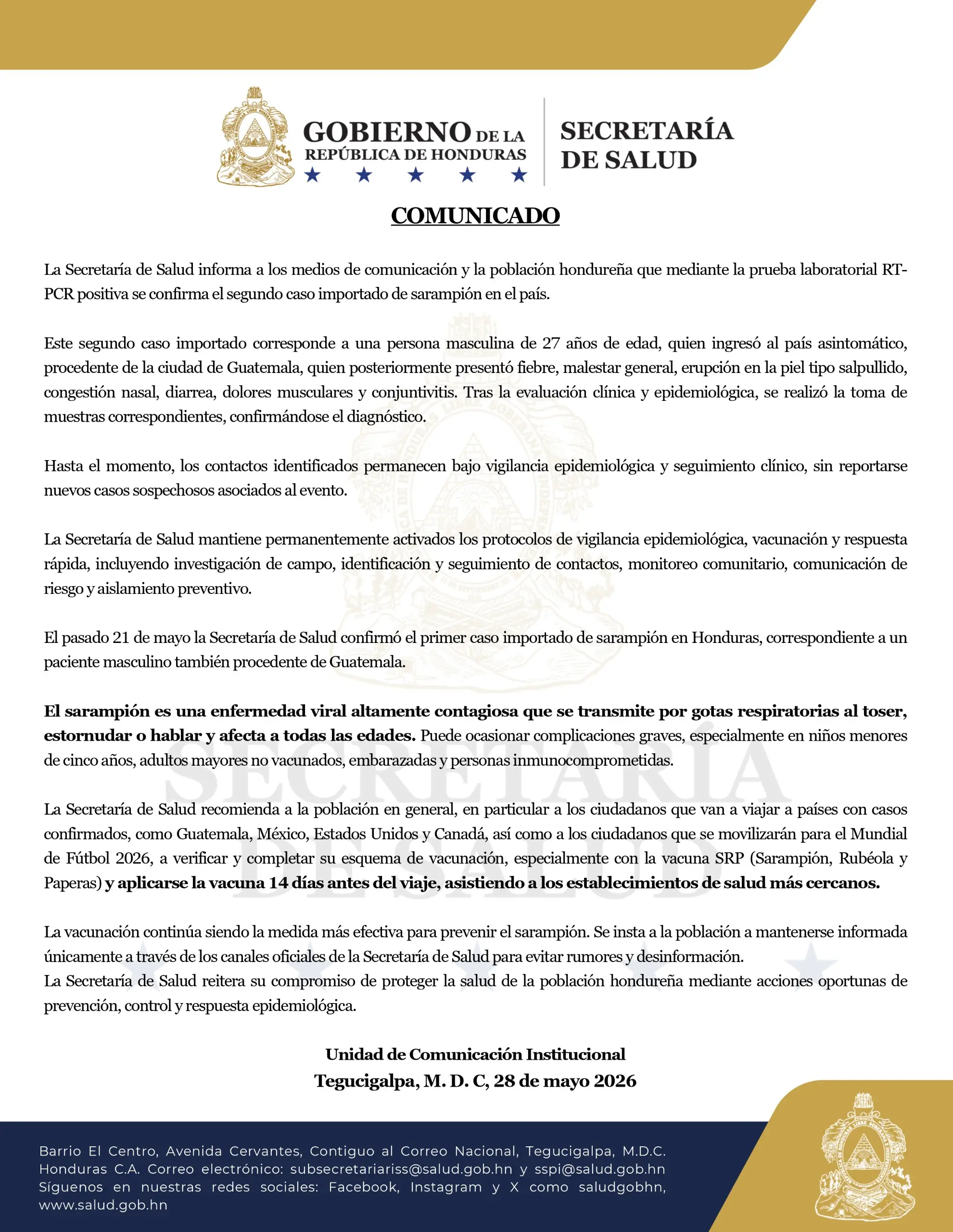 Comunicado sobre nuevo caso de sarampión en Honduras