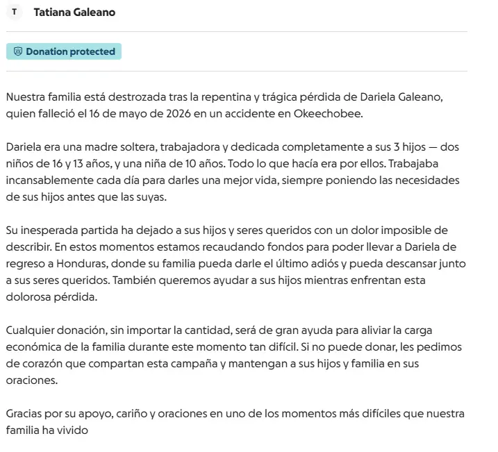 Solicitud de ayuda para repatriar cuerpo de Dariela