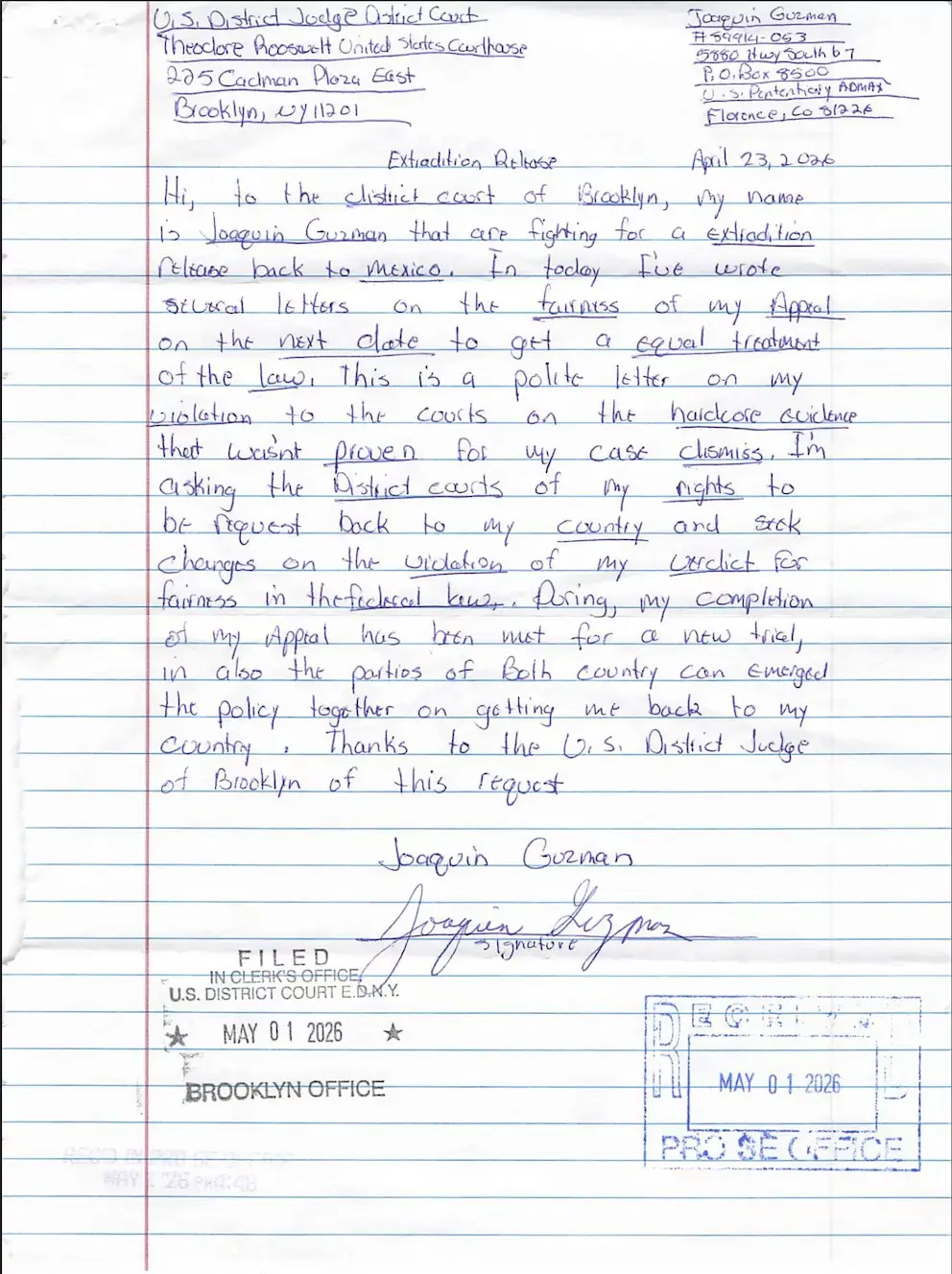 carta que el Chapo Guzmán envió a las autoridades estadounidenses