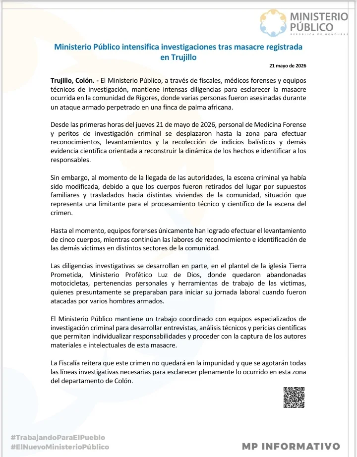 El Ministerio Público y Medicina Forense investigan la masacre perpetrada en una finca de palma africana en la comunidad de Rigores, Trujillo, Colón. comunicado masacre
