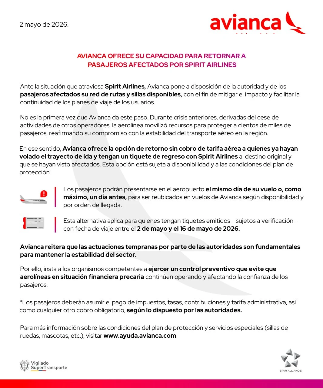 Comunicado de prensa de Avianca. Foto: cortesía de redes sociales