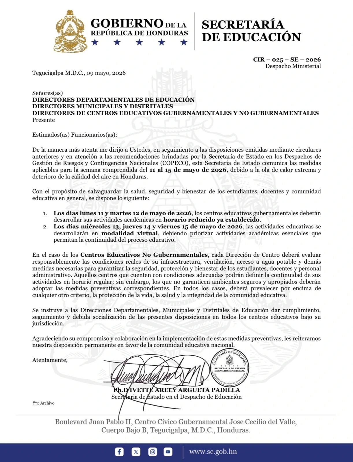 Comunicado emitido por la Secretaría de Educación.