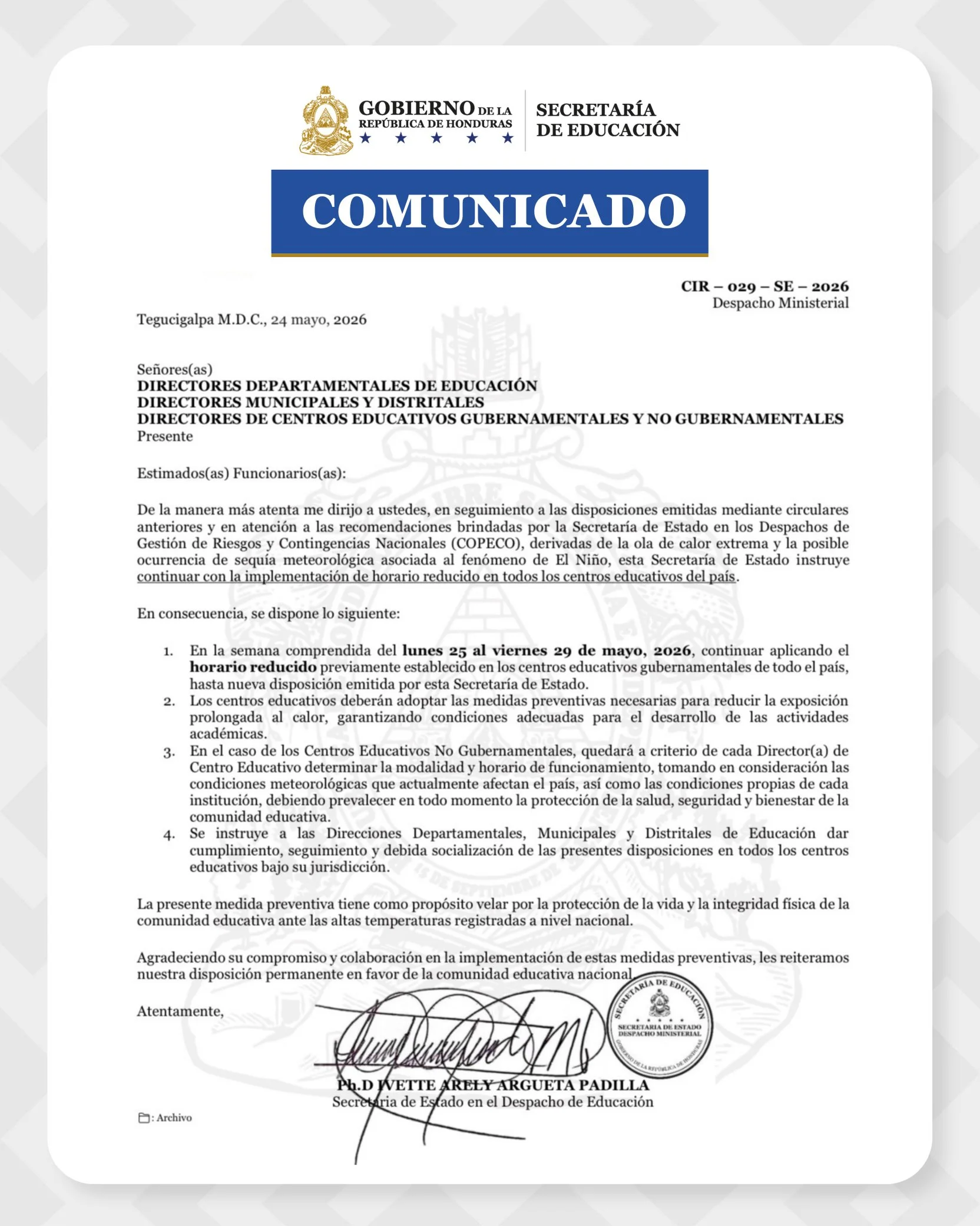 Comunicado emitido por la Secretaría de Educación.