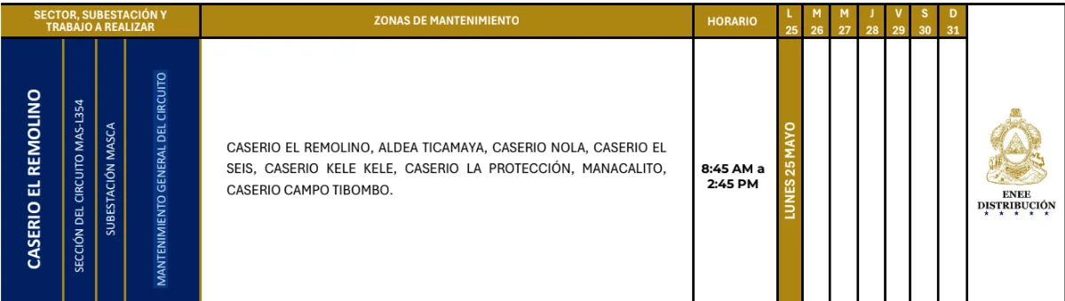Foto de las Zonas de El Caserio El Remolino estarán sin energía este lunes 25 de mayo, según la ENEE.