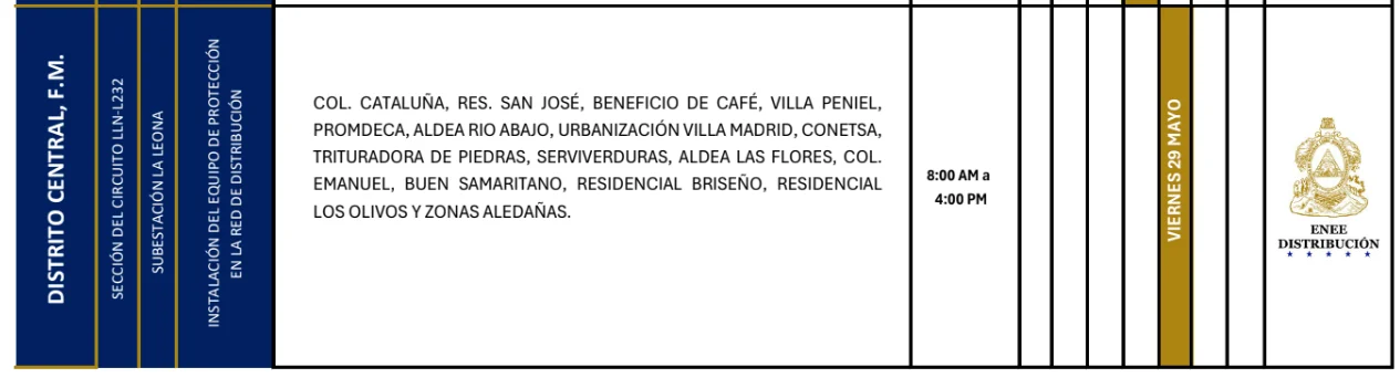Foto de las Zonas de el Distrito Central que no tendrán energía este viernes 29 de mayo, según la ENEE.