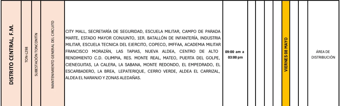 Foto de las Zonas de el Distrito Cnetral que estarán sin energía este viernes 8 de mayo, según la ENEE. 