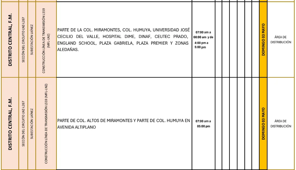 Foto de las Zonas de el Distrito Central que estarán sin energía este domingo 3 de  mayo de 2026, según la ENEE.