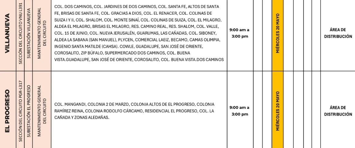 Foto de las Zonas de Progreso y Villanueva que estrán sin energía este miércoles 20 de mayo, según la ENEE.