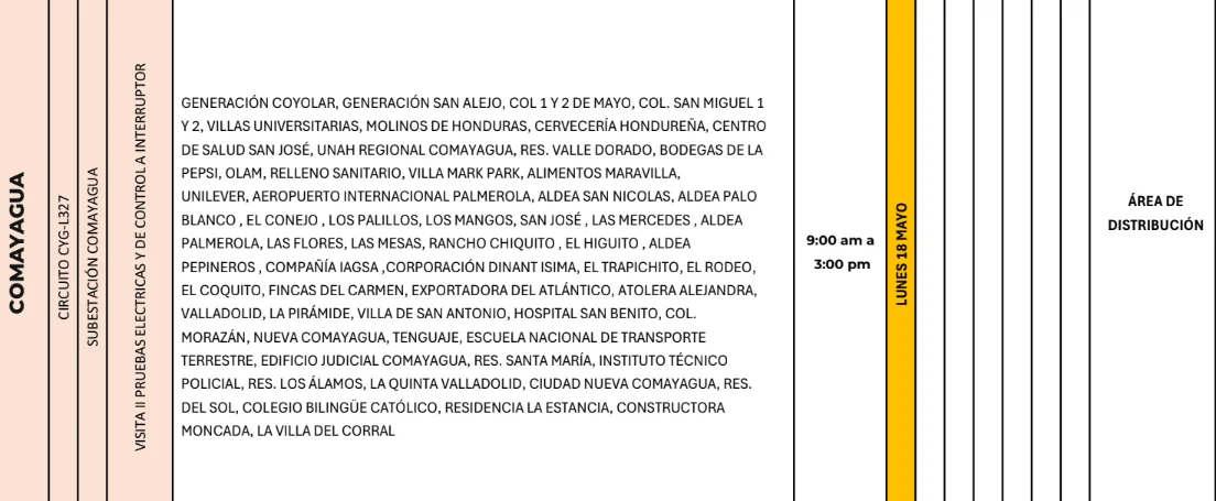 Foto de las Zonas de Comayagua ue estarán sin energía este lunes 18 de mayo, según la ENEE.