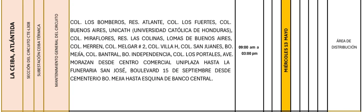 Foto de las Zonas de La Ceiba, Atlántida que estarán sin energía este miércoles 13 de mayo, según la ENEE.