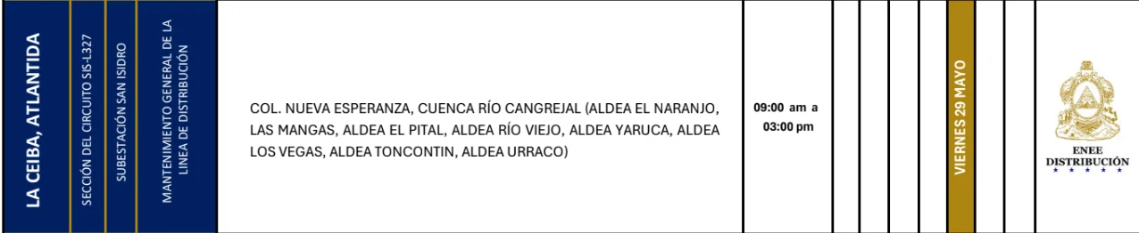 Foto de las Zonas de La Ceiba, Atlantida que no tendrán energía este viernes 29 de mayo, según la ENEE.