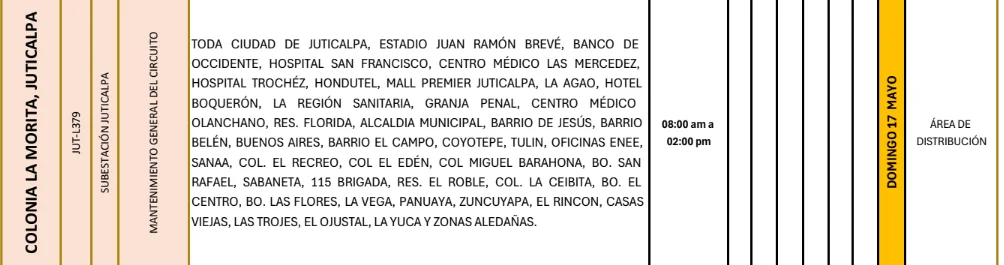 Foto de las Zonas de La Morita, Juticalpa que estarán sin energía este domingo 17 de mayo, según la ENEE.