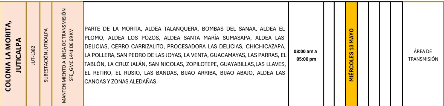 Foto de las Zonas de la Colonia La Morita, Juticalpa que estarán sin energía este miércoles 13 de mayo, según la ENEE.