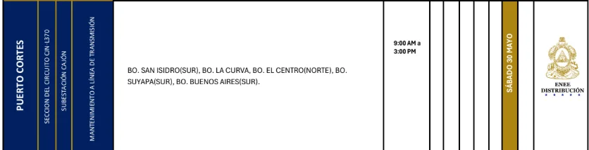 Foto de las Zonas de Puerto Cortés que estarán sin energía este sábado 30 de mayo, según la ENEE.