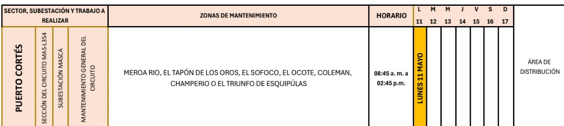Foto de las Zonas de Puerto Cortés que estarán sin energía este lunes 11 de mayo, según la ENEE.