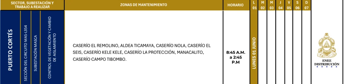 Foto de las Zonas de Puerto Cortés que estarán sin energía este lunes 1 de junio, según la ENEE.