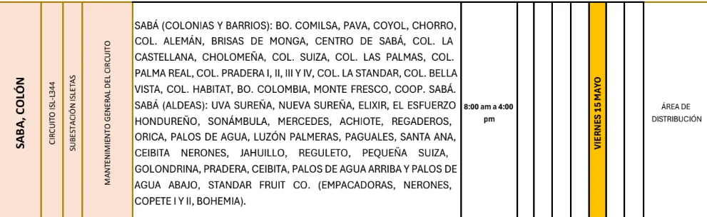 Foto de las Zonas de Saba, Colón que estarán sin energía este viernes 15 de mayo, según la ENEE.
