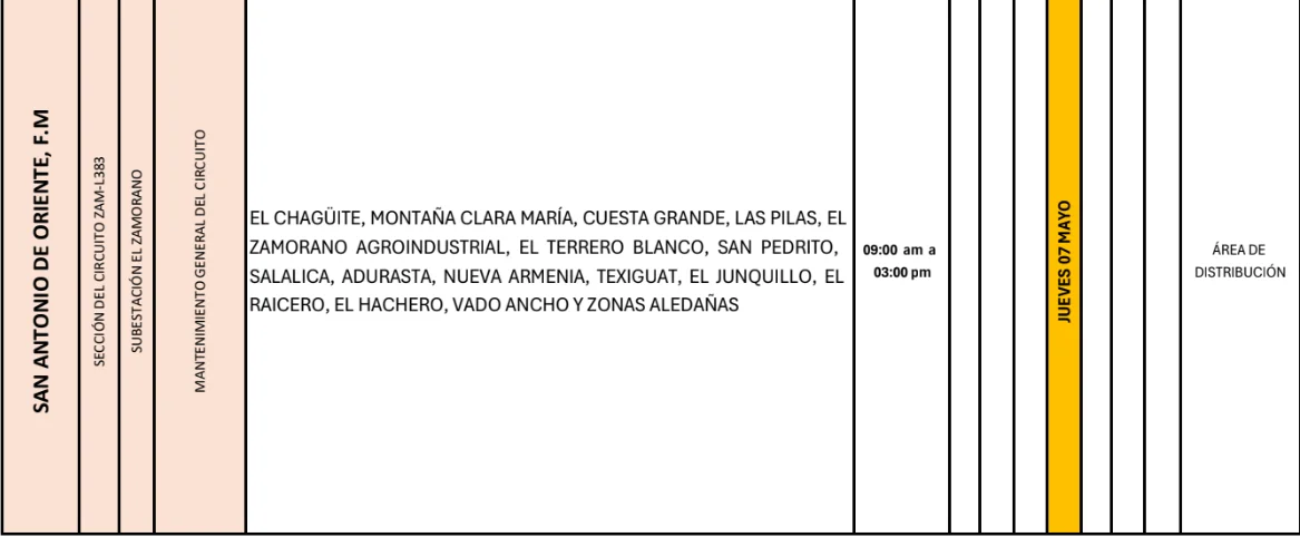 Foto de las Zonas de San Antonio de Oriente que estarán sin energía este jueves 7 de mayo, según la ENEE.