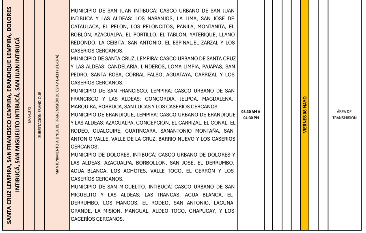 Foto de las Zonas de Santa Cruz Lempira, San Francisco Lempira, Erandique Lempira, Dolores Intibucá, San Miguelito Intibucá, y San Juan Intibucá que estarán sin energía este viernes 8 de mayo, según la ENEE.