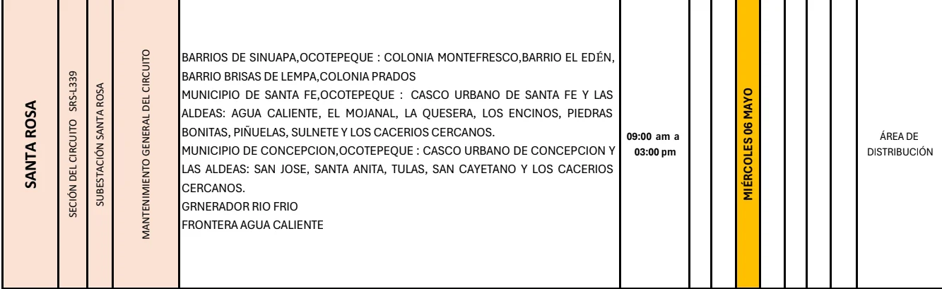 Foto de las Zonas de Santa Rosa que estarán sin energía este miércoles 6 de mayo, según la ENEE