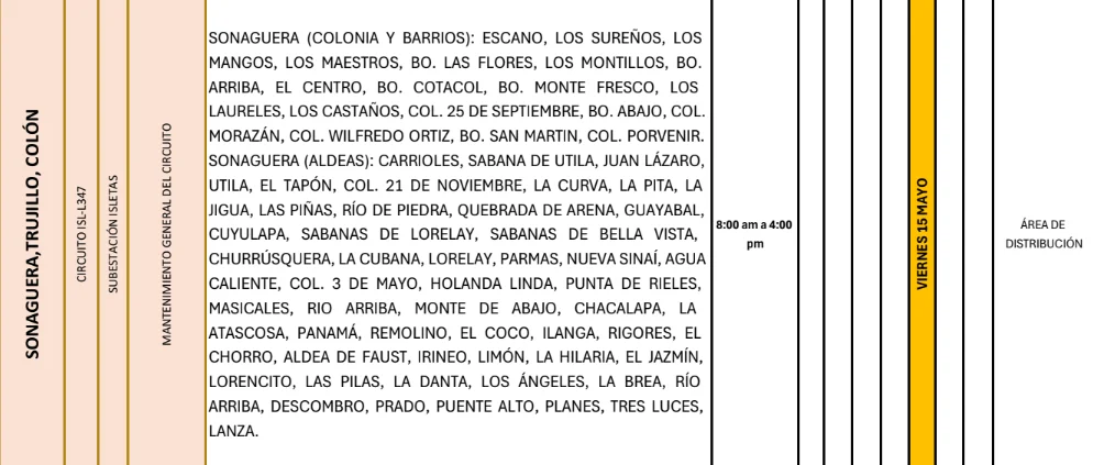 Foto de Zonas de Sonaguera, Trujillo, Colón que estarán sin energía este viernes 15 de mayo, según la ENEE.