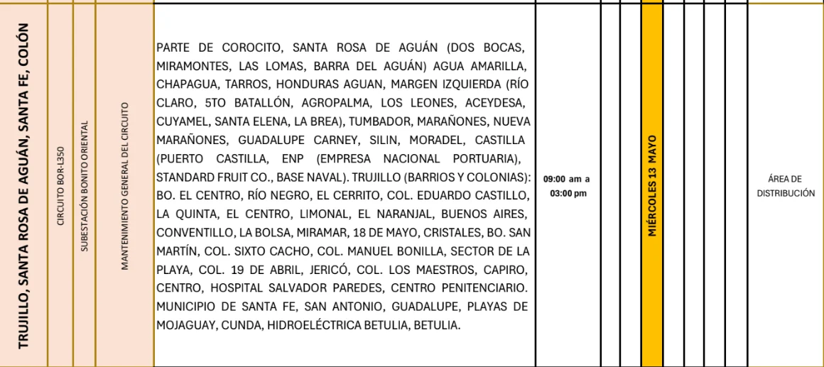 Foto de las Zonas de Trujillo, Santa Rosa de Aguán, Santa Fé y Colón que estarán sin energía este miércoles 13 de mayo, según la ENEE.
