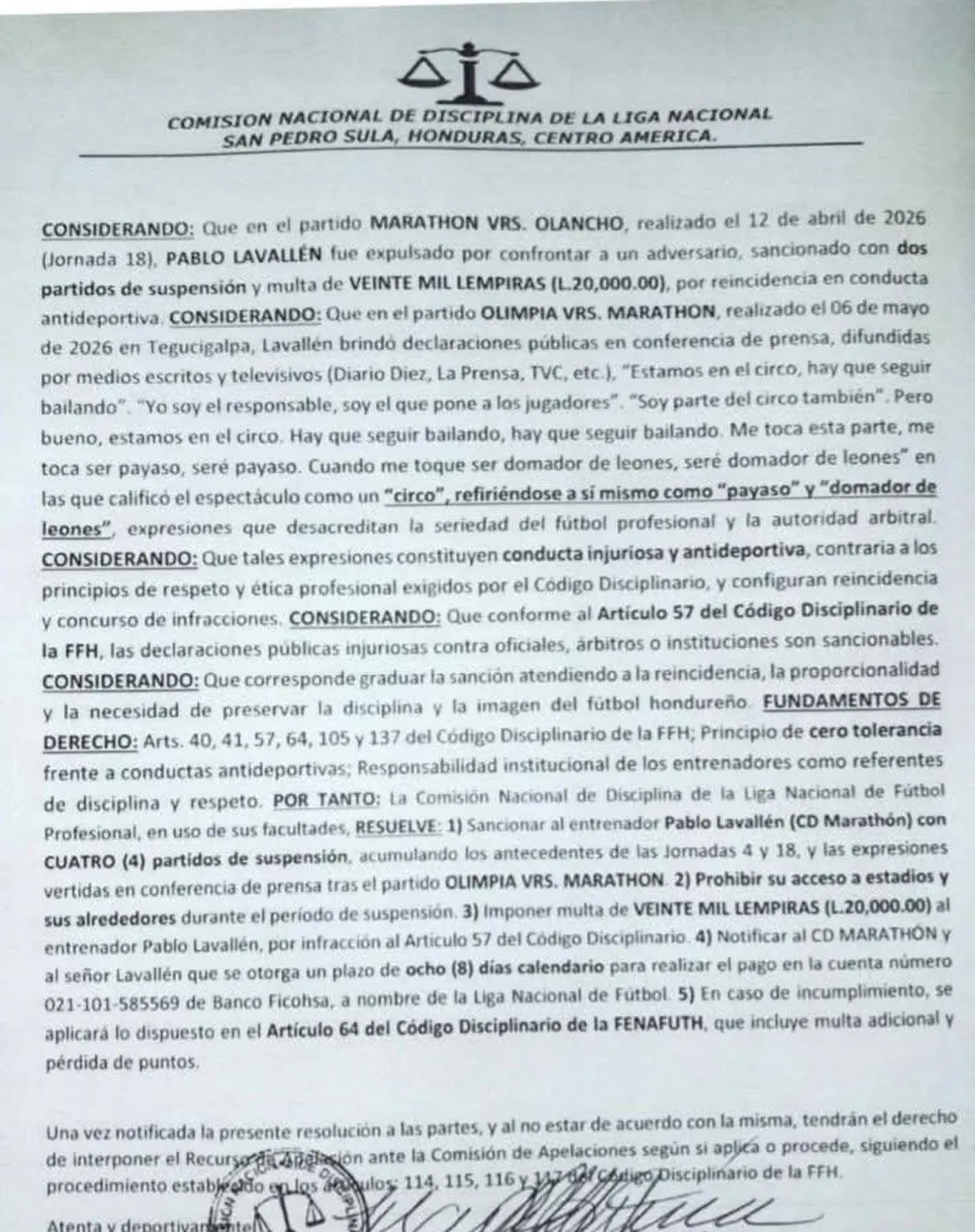 El escrito de la Comisión de Disciplina sobre el castigo de Pablo Lavallén.