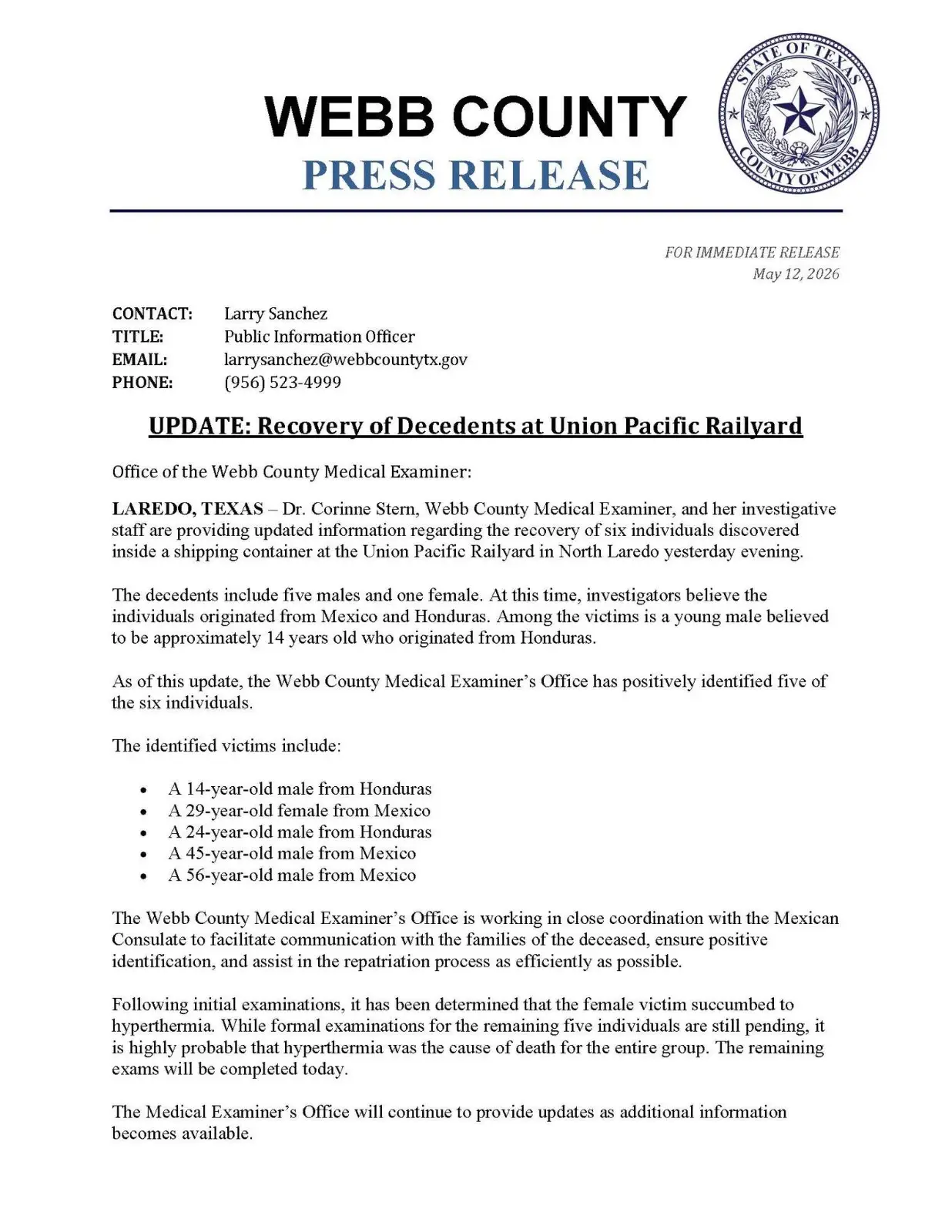 Informe forense del condado de Webb, Texas, sobre muerte de migrantes en vagón