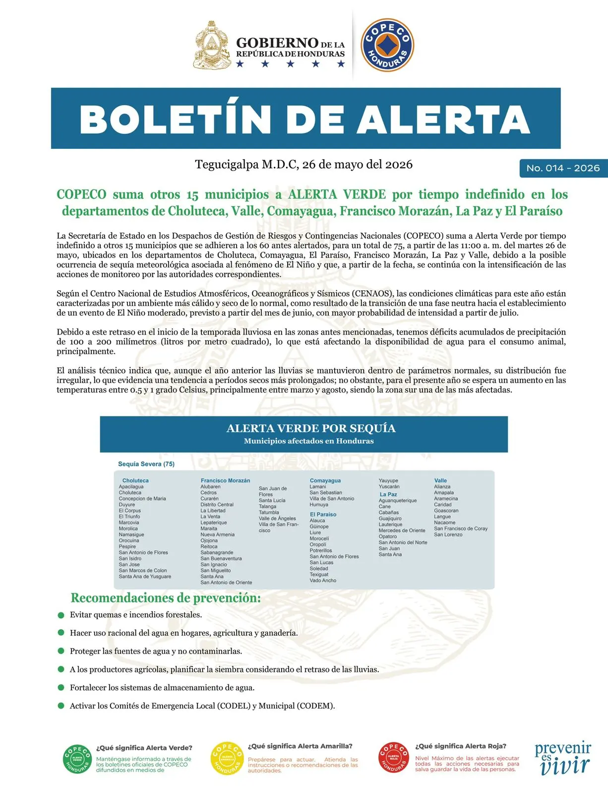 Boletín Copeco alerta verde