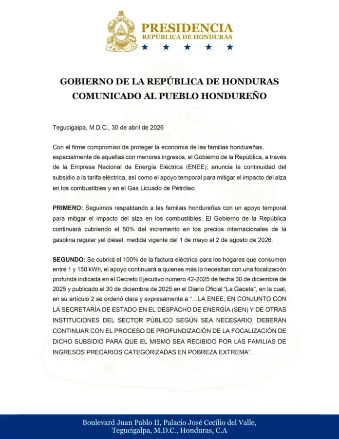 Comunicado del gobierno de Honduras