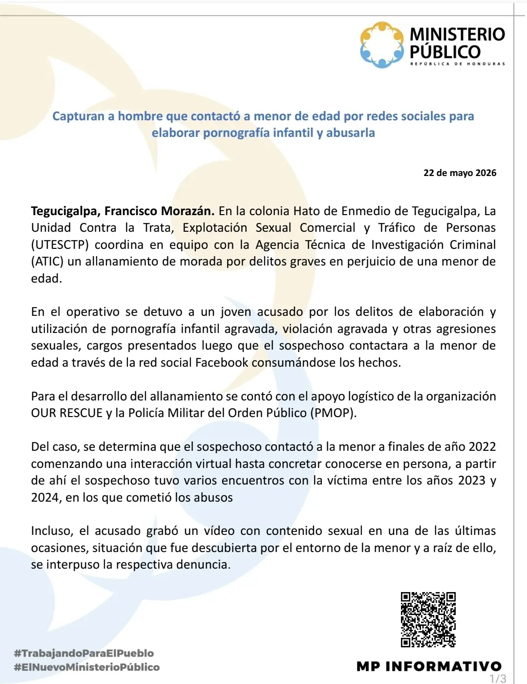 informe del MP sobre la captura de hondureño por abuso de menor