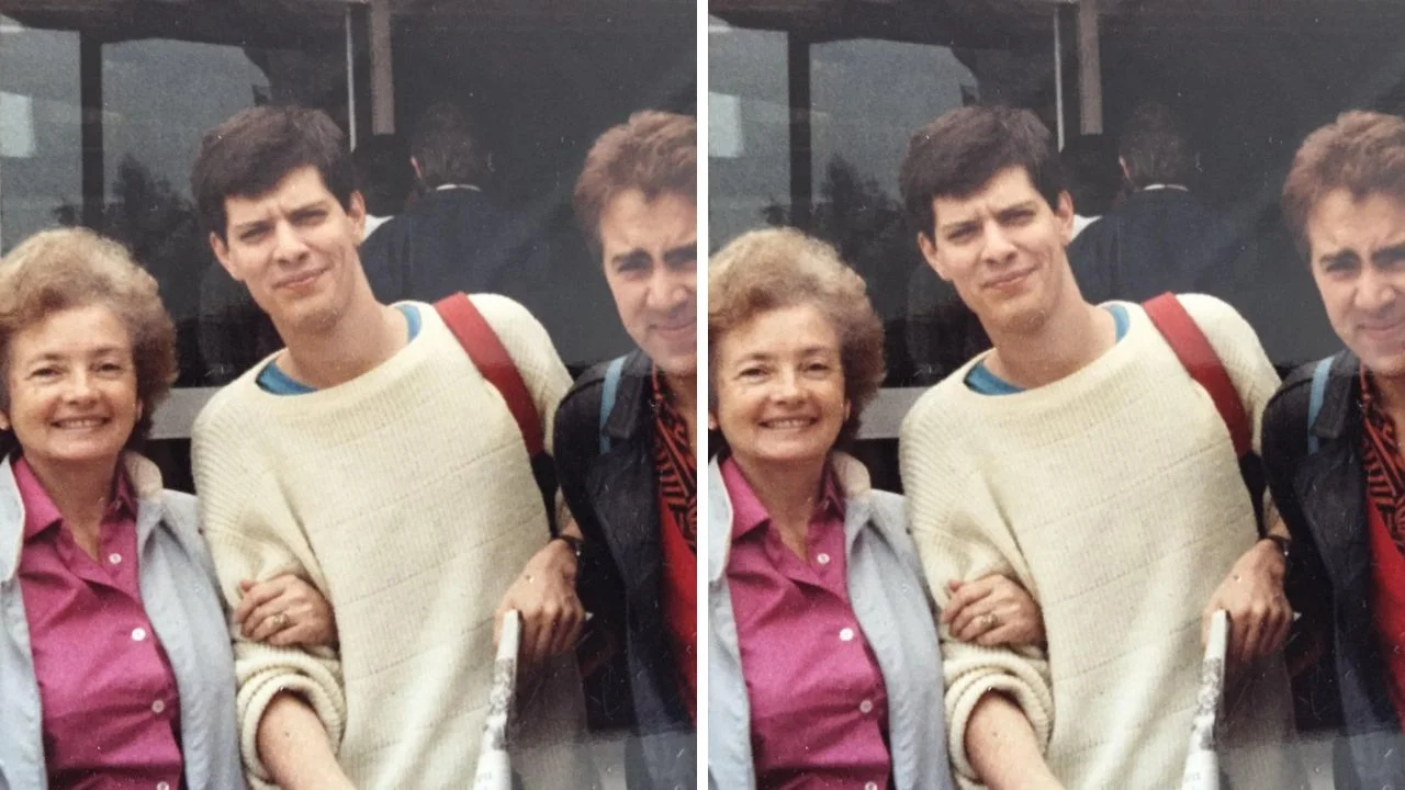 Foto de Mario Pergolini junto a su madre Beatriz y Cerati en 1987.