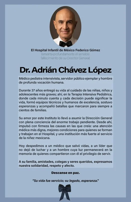 Foto del Hospital Infantil de México Federico Gómez en donde confirmó el fallecimiento del doctor Adrián Chávez Lópe