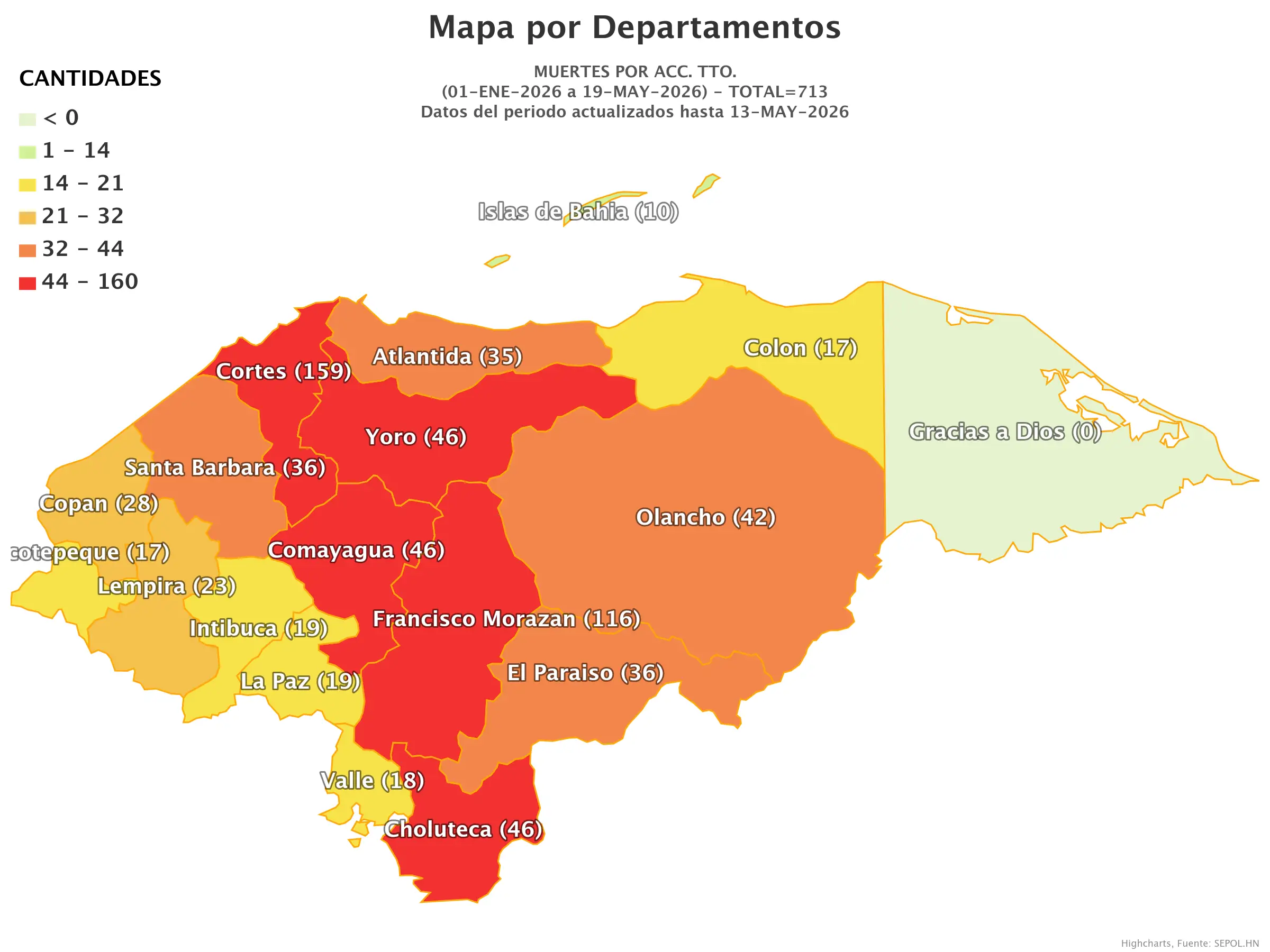 Mapa de muertes en accidentes de tránsito en Honduras