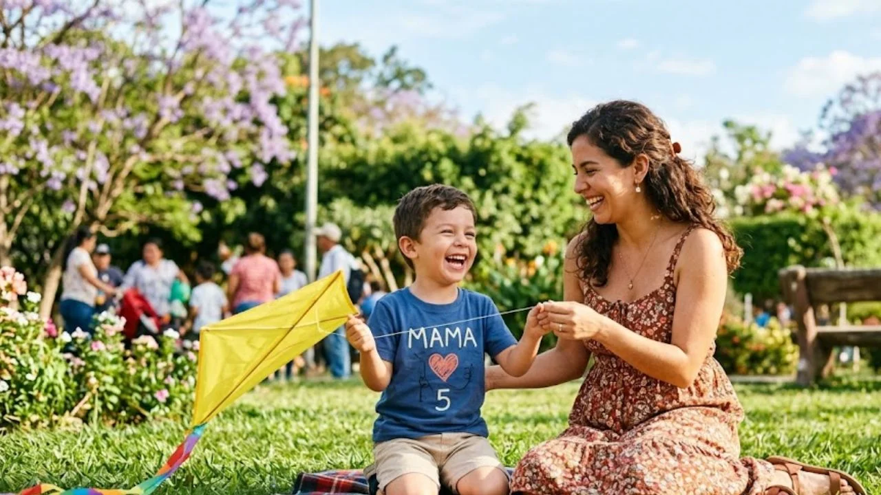 Foto de una madre jugando con su hijo al aire libre 