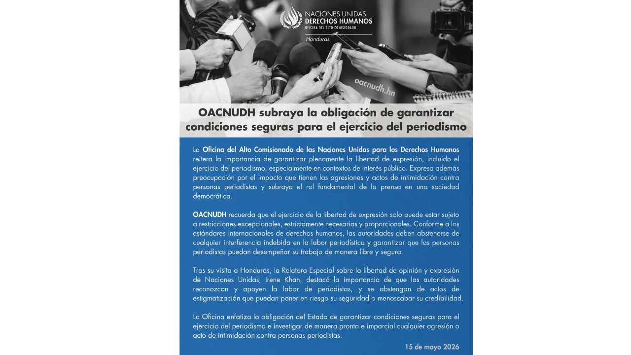 La OACNUDH recuerda al Estado la obligación de proteger a periodistas y garantizar un entorno seguro para el ejercicio de la libertad de prensa en Honduras