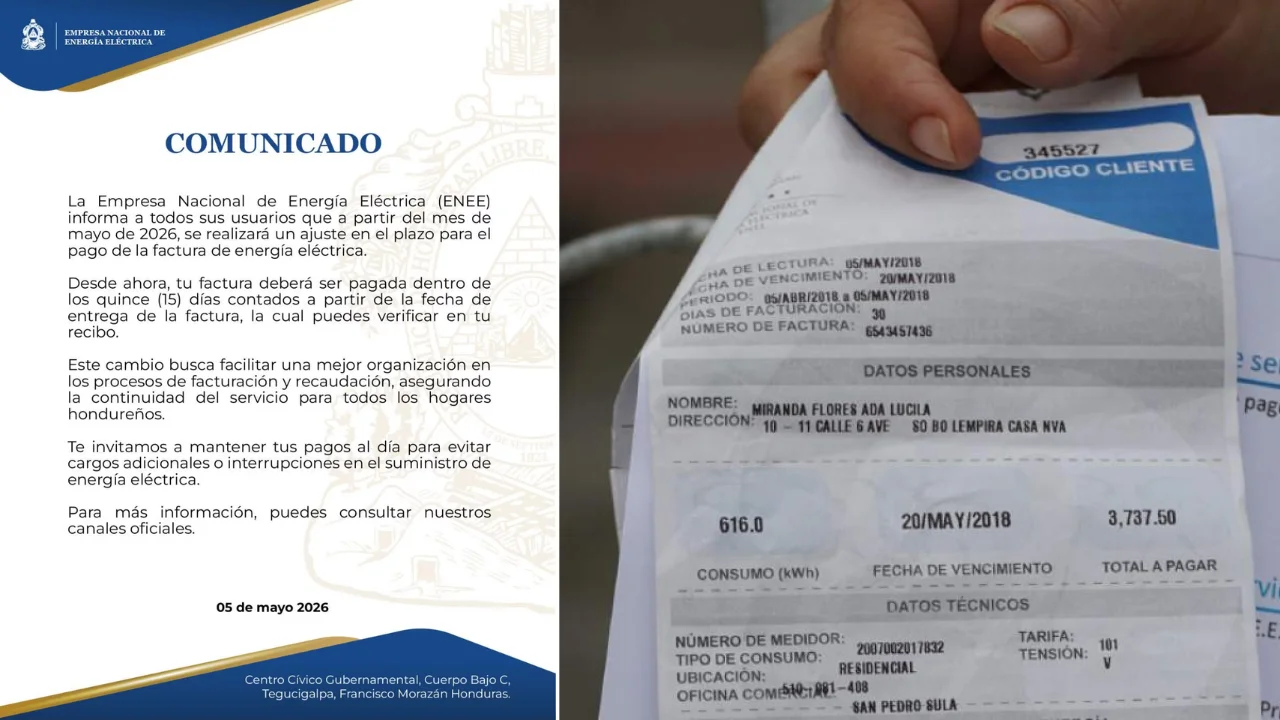 La recaudación de la ENEE presenta una caída del 4% bajo el esquema de 28 días. Con el modelo de 15 días se cobraba aproximadamente el 97% de la energía facturada pago de factura 